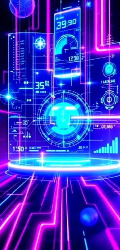 Futuristic neon hologram interface wallpaper featuring dynamic data projections.