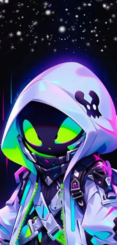 Neon hooded character with glowing eyes and a cosmic starry background.