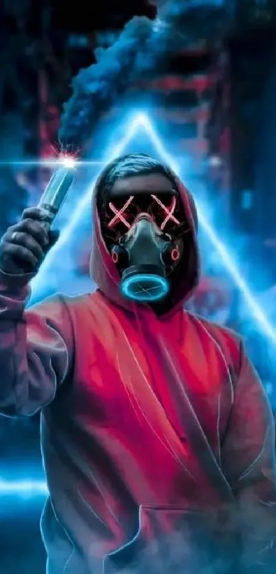 Hooded figure in neon light wearing a gas mask with vibrant red and blue hues.