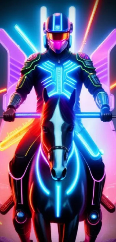 Futuristic neon rider on horseback with vibrant colors and cyberpunk elements.