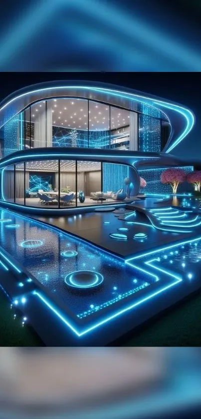 Futuristic neon house with glowing lights.