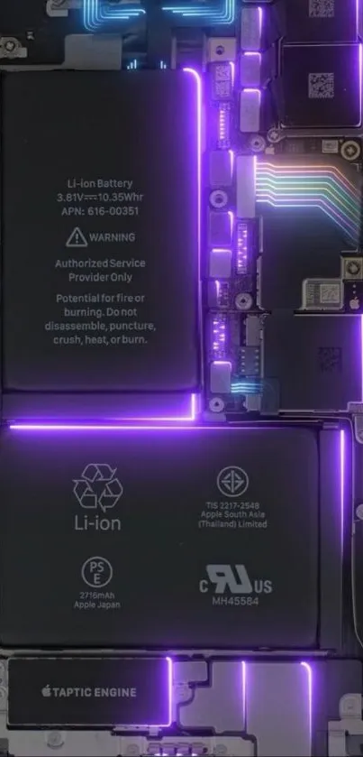 Futuristic iPhone wallpaper with neon purple circuit board design.