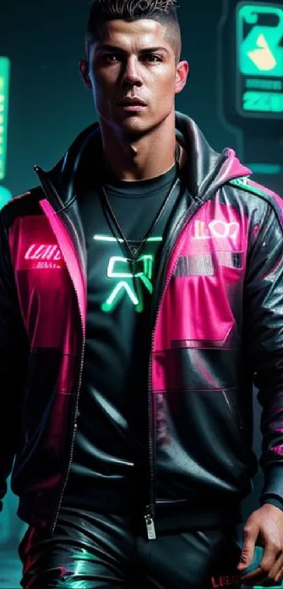 Futuristic neon jacket in vibrant cityscape wallpaper.