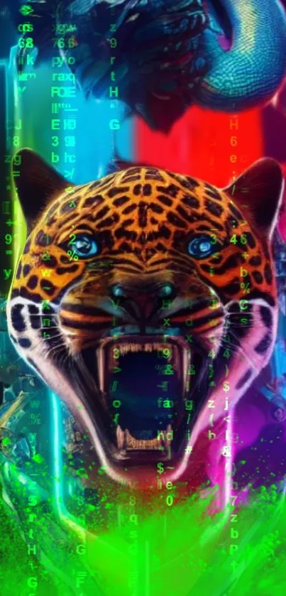 A vibrant neon jaguar with digital patterns in a futuristic mobile wallpaper.