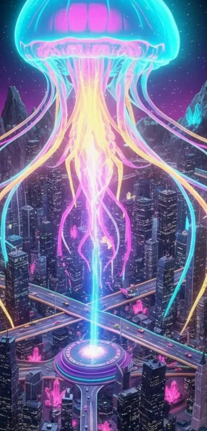 Neon jellyfish hovering over futuristic cityscape.