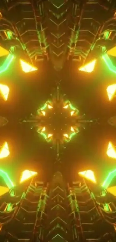 Futuristic neon kaleidoscope wallpaper with glowing orange and green colors.