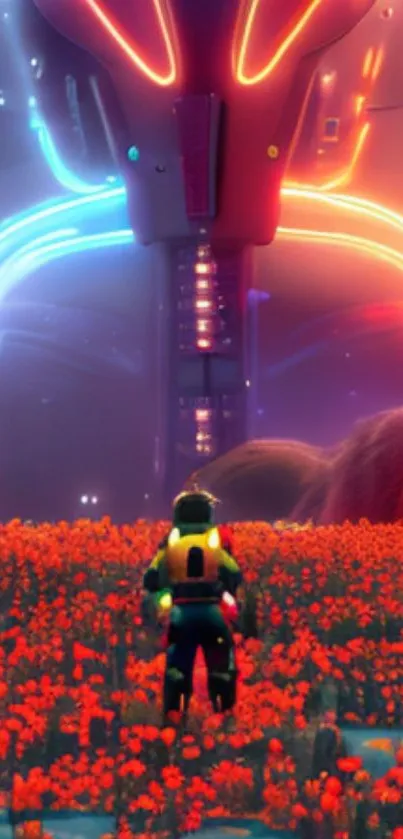 Explore a futuristic neon landscape with an astronaut in a field of red flowers.