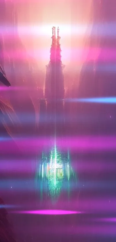 Futuristic neon landscape with glowing structures.