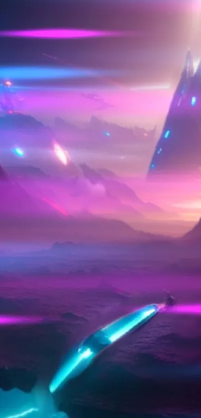 Futuristic neon landscape with vibrant pink and purple hues.