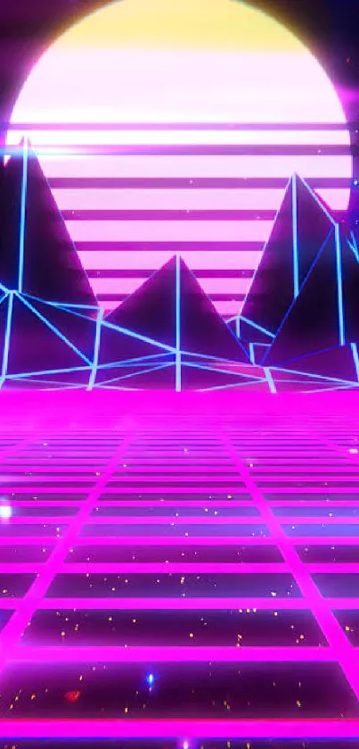 Futuristic neon landscape with glowing pink and blue geometric shapes.