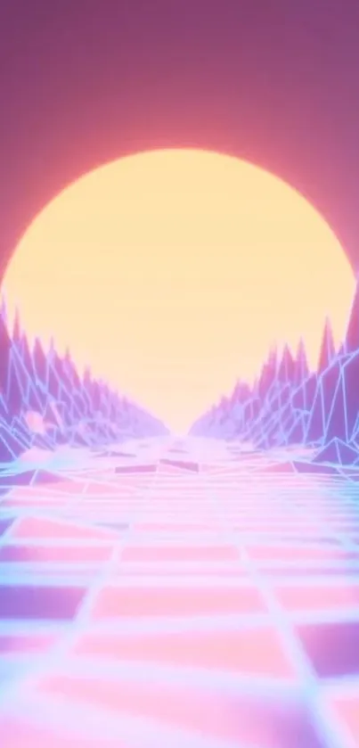 Futuristic neon landscape wallpaper with geometric shapes and a glowing sunset.