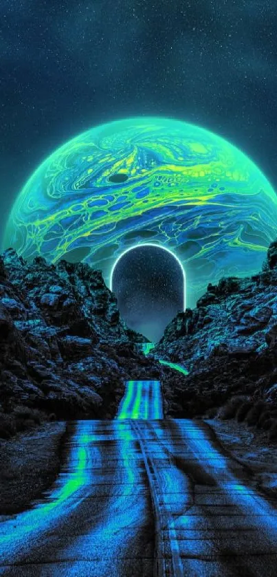 Futuristic neon landscape with glowing road and celestial body.