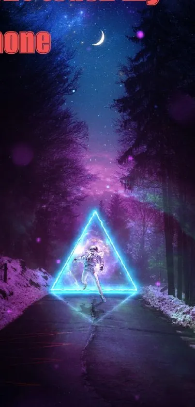 Futuristic neon triangle in mystical forest wallpaper.