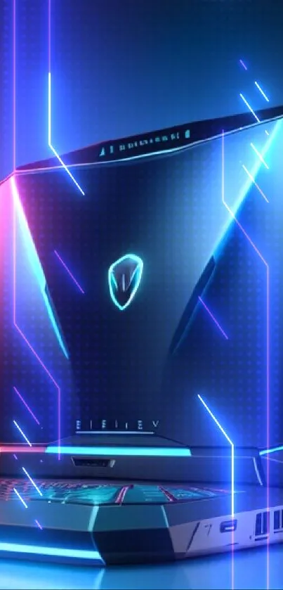 A vibrant neon-lit laptop design in futuristic style for mobile wallpapers.