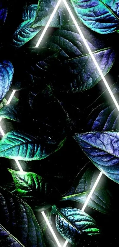 Futuristic wallpaper featuring neon blue and green leaves with glowing accents.