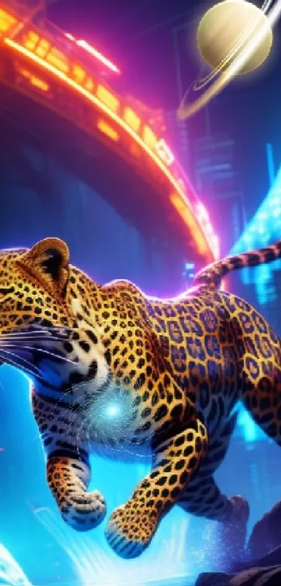 Neon leopard racing through a futuristic city with Saturn in the sky.