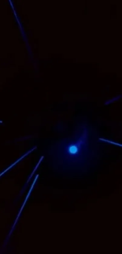 Futuristic neon light burst with dynamic blue rays on dark background.