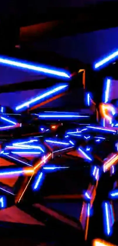 Futuristic neon light maze with blue and orange hues.