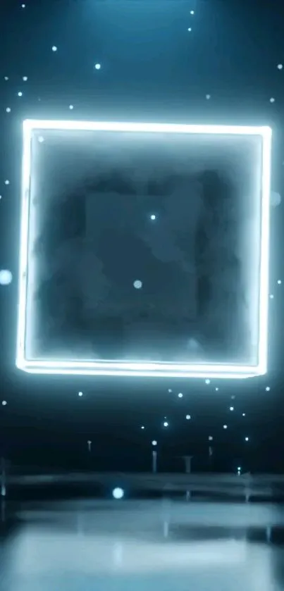 Futuristic mobile wallpaper with a glowing neon square on a dark blue background.