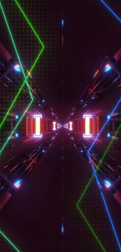 Futuristic neon light tunnel with geometric patterns on a dark background.