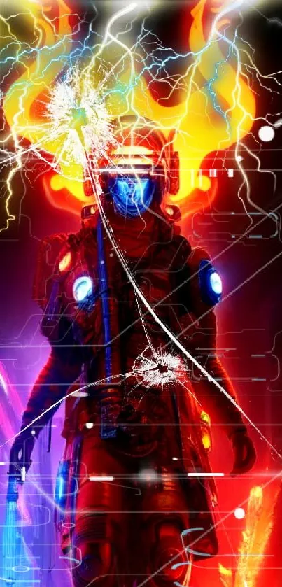 Futuristic neon character with dramatic lightning and fiery colors.