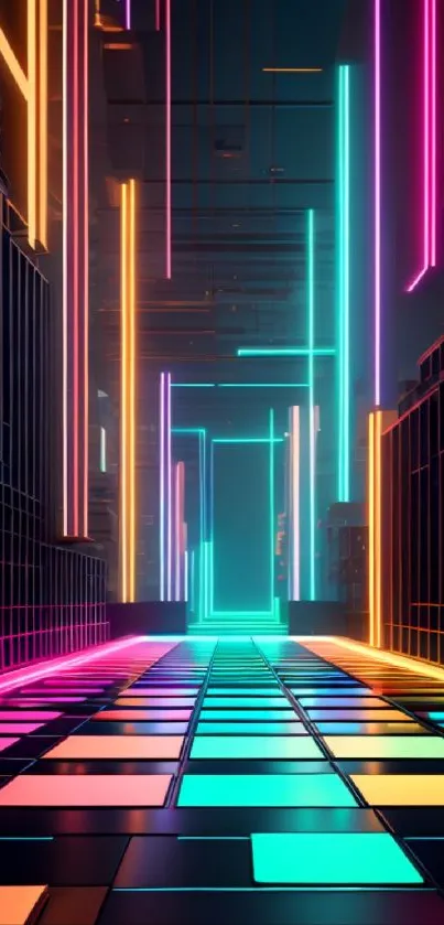 Futuristic neon city corridor with glowing lights.