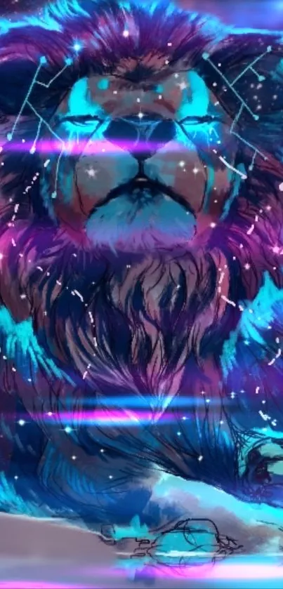 Futuristic neon lion with cosmic colors on a mobile wallpaper.