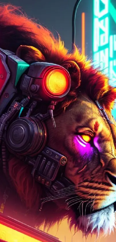 Neon cyborg lion with cyberpunk city background.