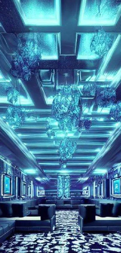 Futuristic neon-lit lounge with blue hues and intricate ceiling designs.