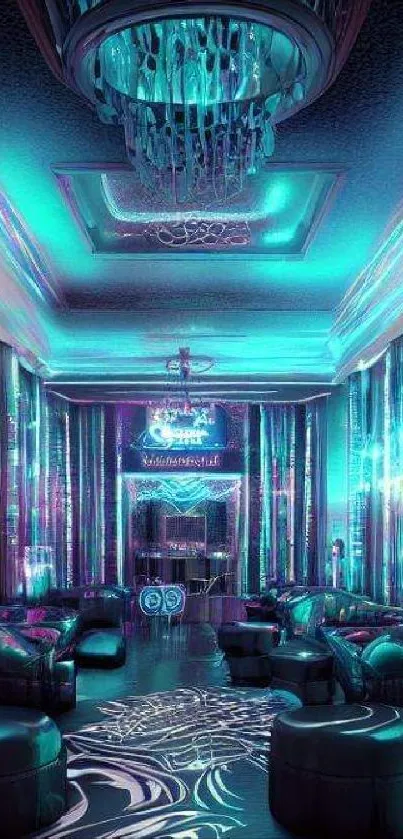 Futuristic neon lounge wallpaper with cyan and purple hues.