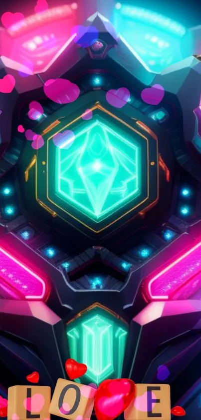 Futuristic neon wallpaper with digital heart and love theme.