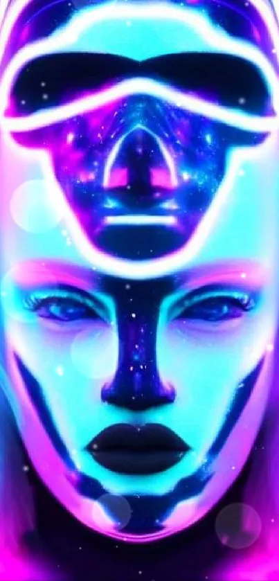 Futuristic neon mask in cosmic backdrop.