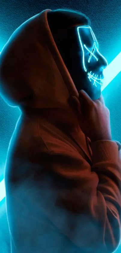 A hooded figure wearing a neon mask under glowing blue lights.