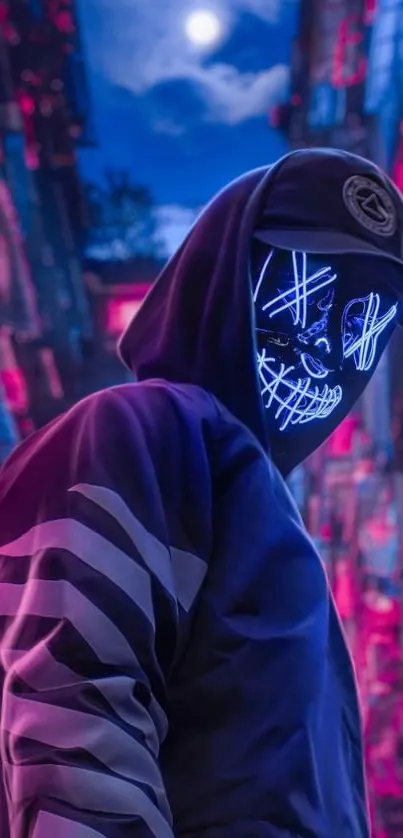 Person in neon mask with blue and pink city lights.