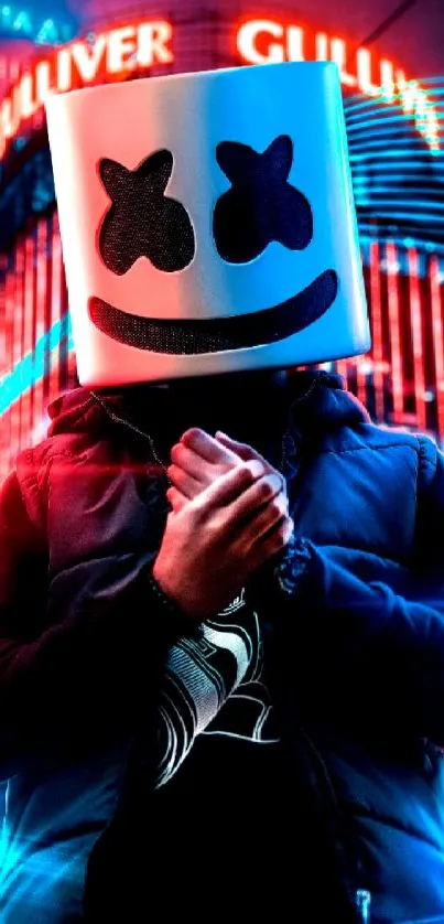 Masked figure in vibrant neon lights.