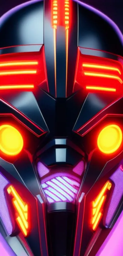 Futuristic neon mask with glowing red and purple accents.