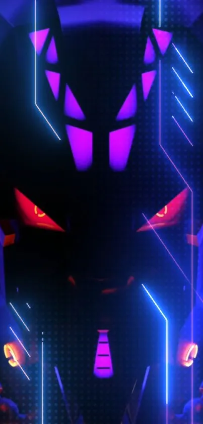 Futuristic robotic mask with neon purple and blue lights on mobile wallpaper.