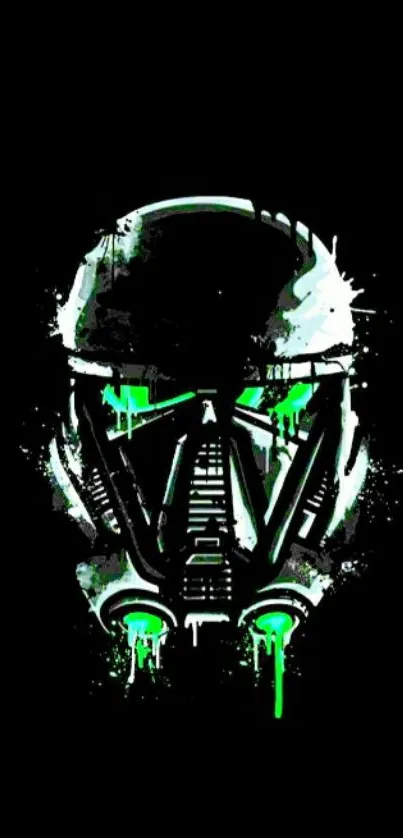 Futuristic neon mask with green accents on black background.