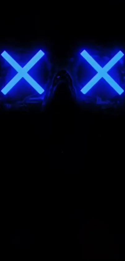 Futuristic neon mask with blue glowing crosses on a black background.