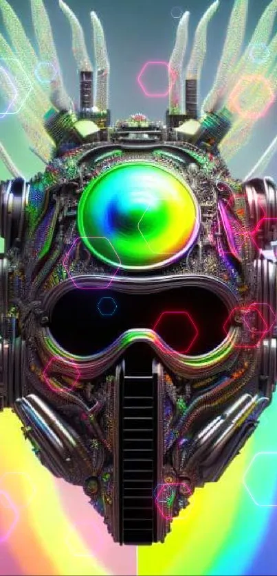 Futuristic neon mask with vibrant colors and intricate digital design.