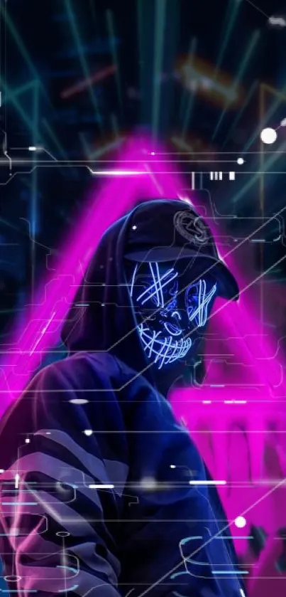 Futuristic figure with glowing neon mask in vibrant geometric background.