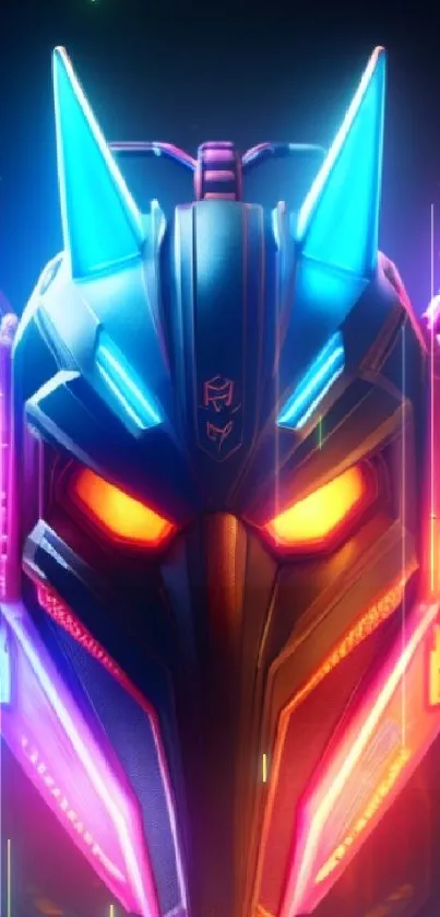 Futuristic neon mask with glowing accents in blue and pink on dark background.