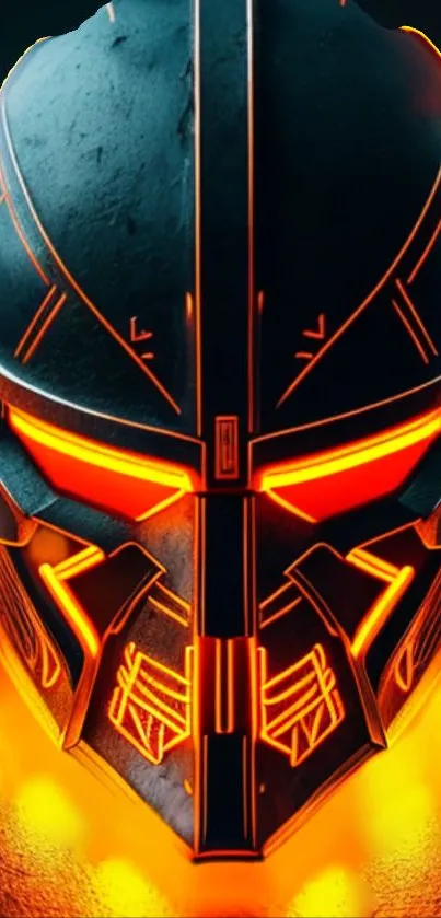 Futuristic neon mask with orange glow on a dark background.