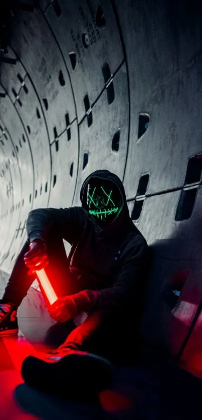 Masked figure in neon-lit tunnel with red glow.