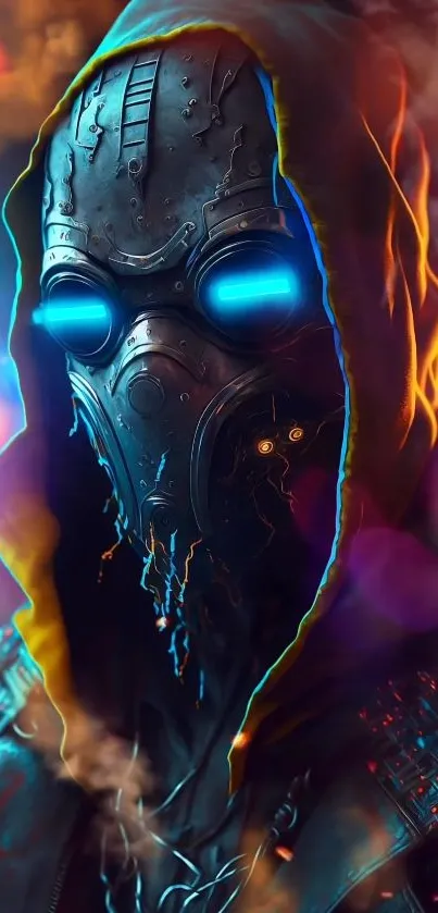 Futuristic warrior in neon mask with vibrant lights and intricate details.