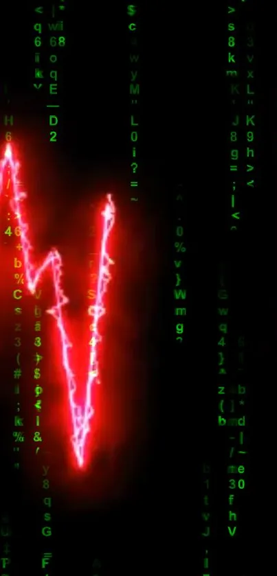 Neon red pulse line over green code on black background.