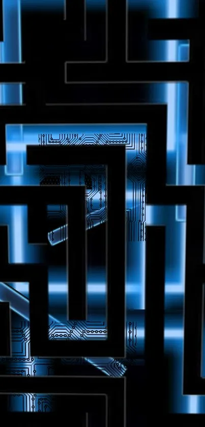 Futuristic neon maze with a blue glow and abstract design.