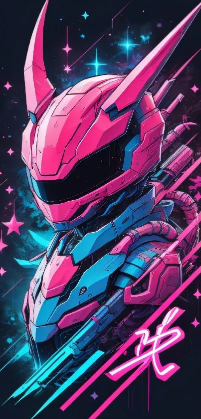 Futuristic neon pink and blue mecha design.