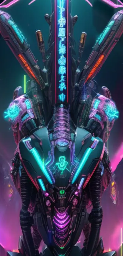 Futuristic neon mecha design with vibrant colors and digital aesthetic.