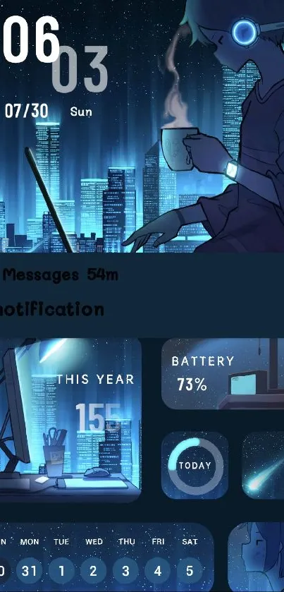 Futuristic neon cityscape wallpaper with character wearing headphones.